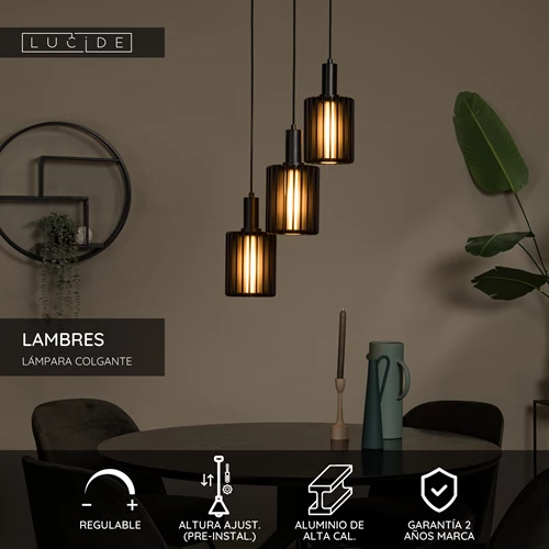 Lucide LAMBRES - Lámpara colgante - 3xE27 - Negro - USP